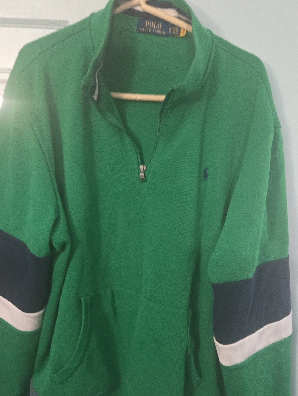 Polo by Ralph Lauren Green Quarter-Zip Sweater with Navy & White Sleeve Stripes